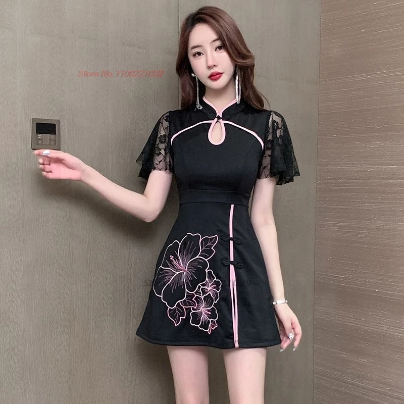 2025 national flower print lace qipao dress+shorts set improved cheongsam dress traditional banquet dress hotel spa work dress