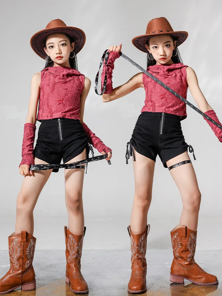 

Fashion Ballroom Hip Hop Dance Costumes For Girls Sleeveless Crop Tops Black Shorts Outfits Jazz Dance Performance Wear DQS18516
