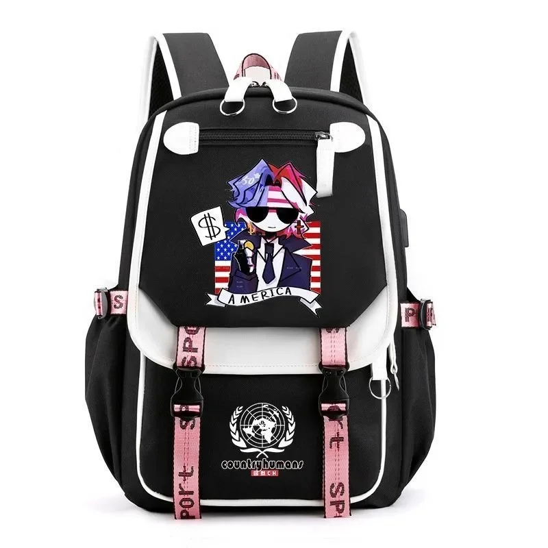 Breathable mesh,USB port,jack 3.5mm, CountryHumans Country Humans Countryball Polandball School Bags, Anime Backpacks Girls Boys