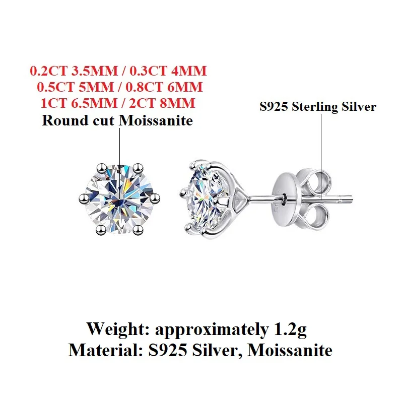 Halaile D Color Moissanite S925 Sterling Silver 6 Claw Stud Earrings Trendy Fine Jewelry Dainty Sparkly Romantic Gift for Women