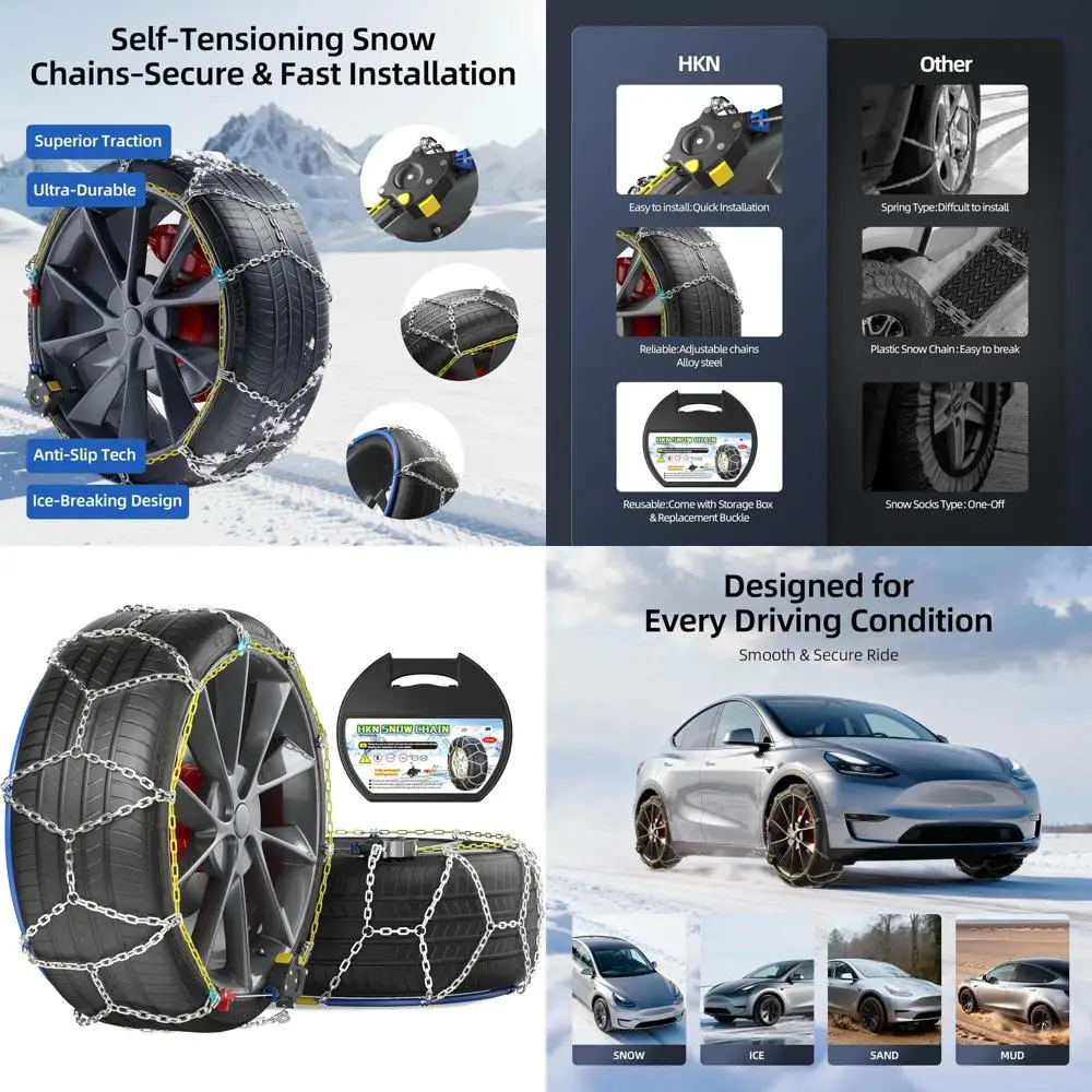 سلاسل الثلج لإطارات السيارات، 35 ثانية سريعة التركيب وشد تلقائي، سلاسل جر الإطارات العالمية المضادة للانزلاق للطوارئ للسيارات وسيارات الدفع الرباعي و