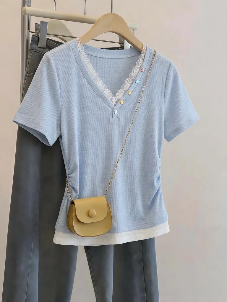 Light Blue V-Neck Short Sleeve T-Shirt Women's Summer New Style plus Size Loose Fit Korean Version Commute Style Top