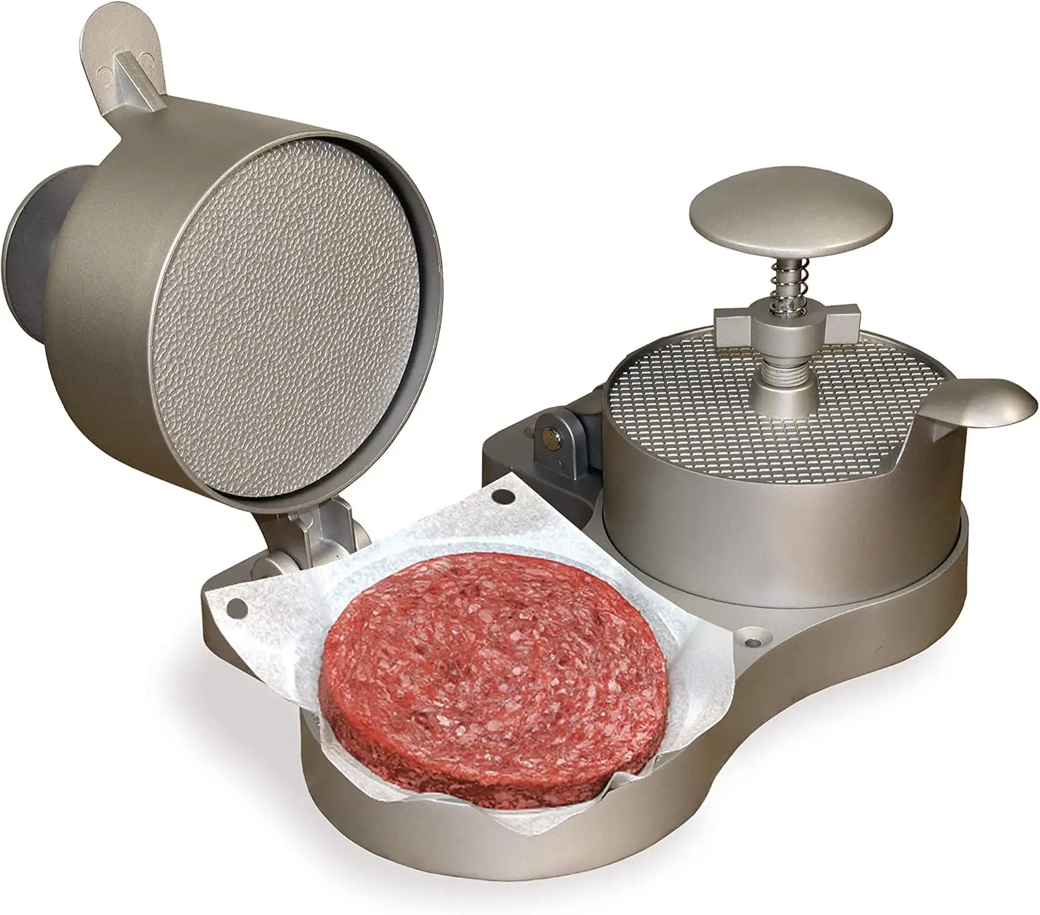 

Double Non-Stick Burger Press for Perfect Patties, Crab Cakes & Sausage, Easy Spring Ejector, Heavy-Duty Aluminum