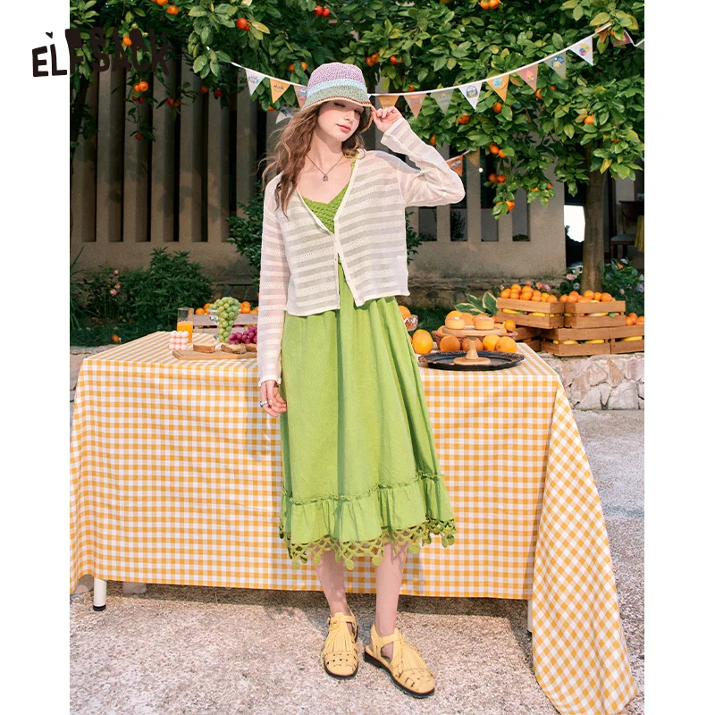 ELFSACK 2024 summer new arrival green hollow off-shoulder waist design holiday dress for women