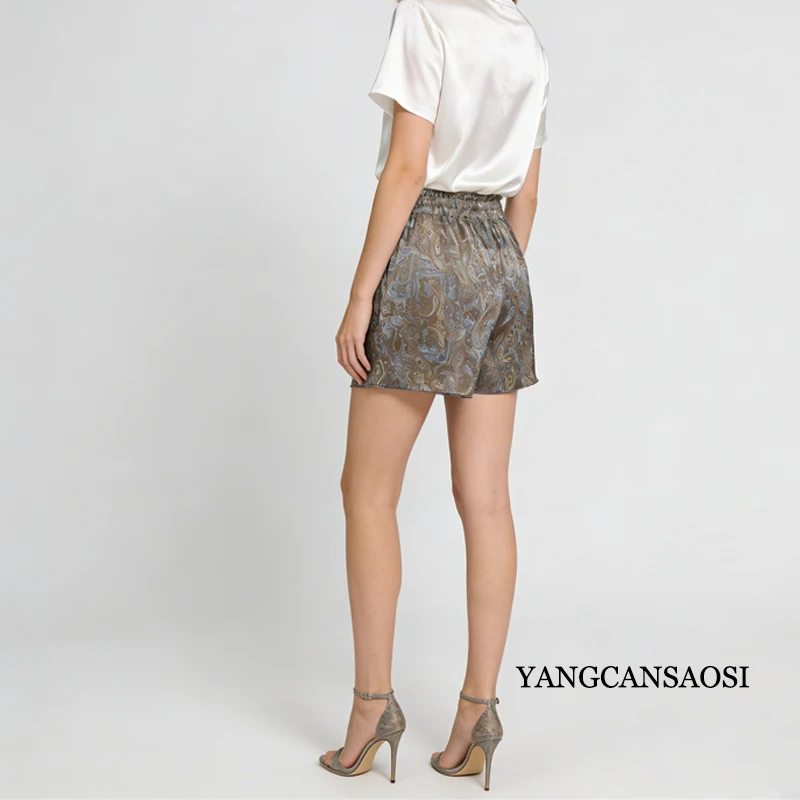 100% calças de seda amoreira natural, shorts femininos estampados de cetim, calças casuais com design de bolso de cintura elástica, 2026 primavera/verão novo