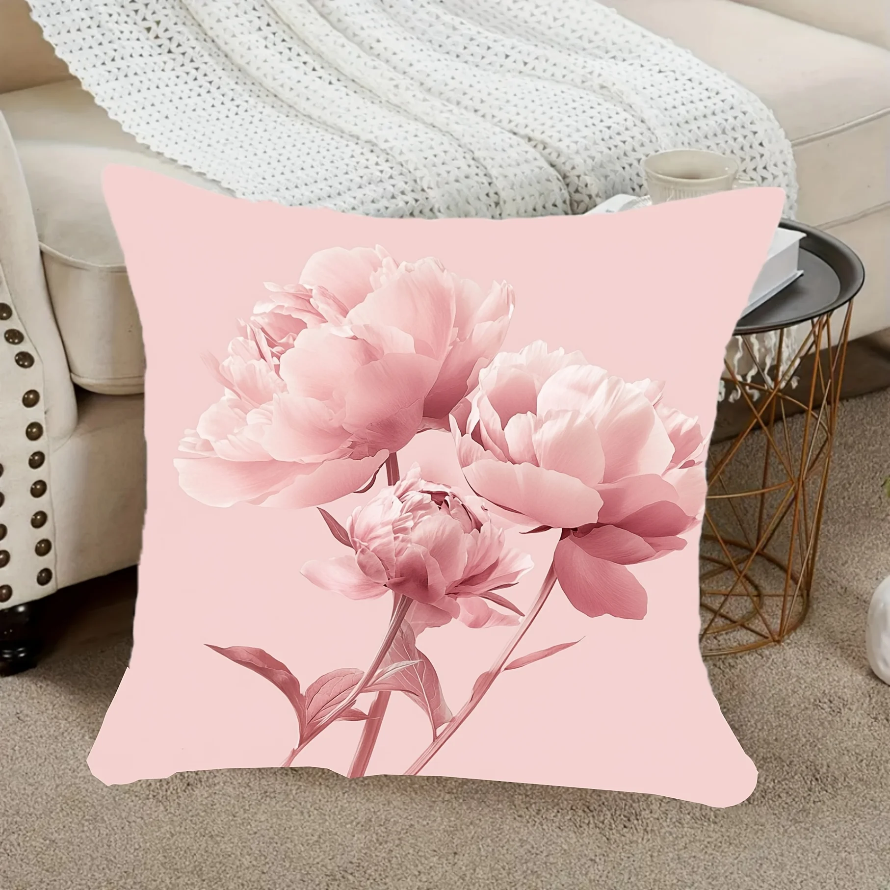 Romantic Peony Floral Print Cushion Cover Pillowcase 40x40cm Blush Pink Throw Pillow Home Decor Gift