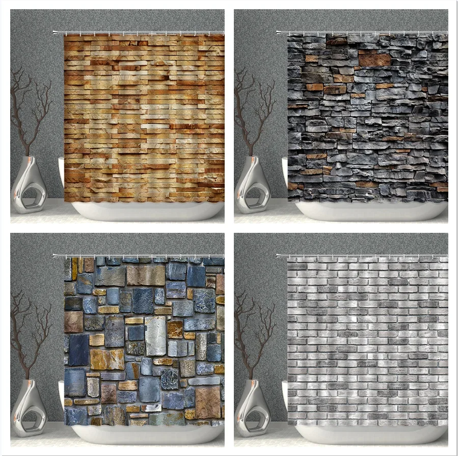 Brick Pattern Shower Curtains Waterproof Fabric Stone Grain Bath Curtain For Bathroom Partition Multi-size With Hooks Home Decor