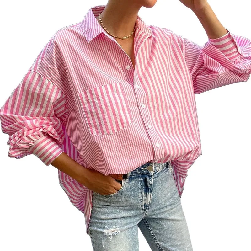 2025 Spring New Women's Fashion Style Collar Loose Long Sleeve Striped Shirt