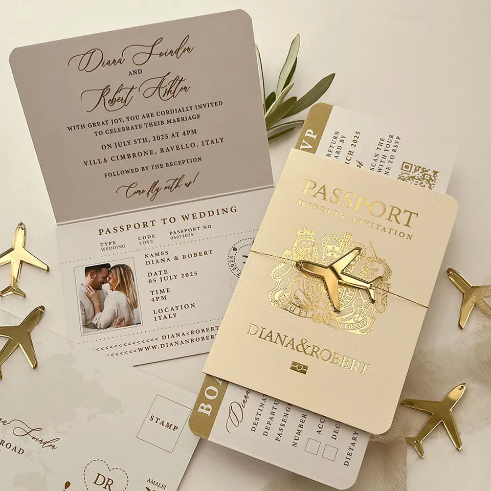 30/55pcs Gold Foil Wedding Invitation With RSVP, Travel Destination Wedding, Engagement Party Invite Card With QR