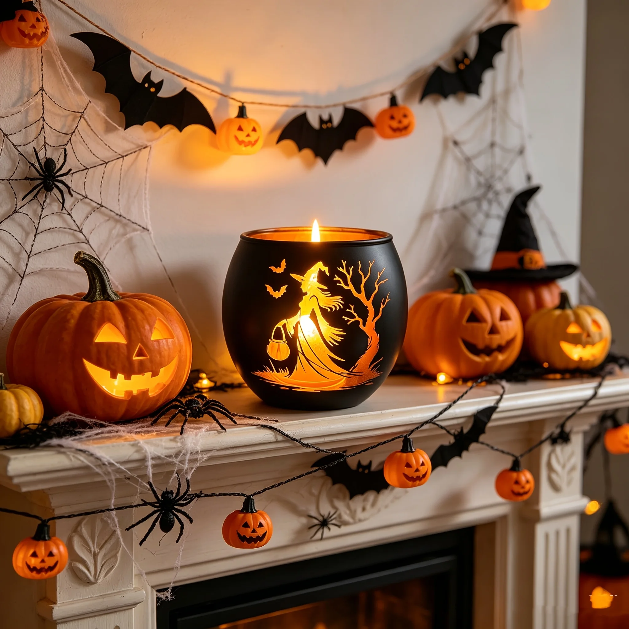 1Pc Black Gold Glass Witch Candle Holder, Halloween Bat Tree Silhouette Decor for Thanksgiving Gift