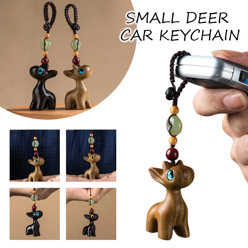 

Sandalwood Deer Car Key Chain Key Ring Pendant Creative Cute Mobile Phone Ornament Car Rearview Mirror Safety Pendant Hanging