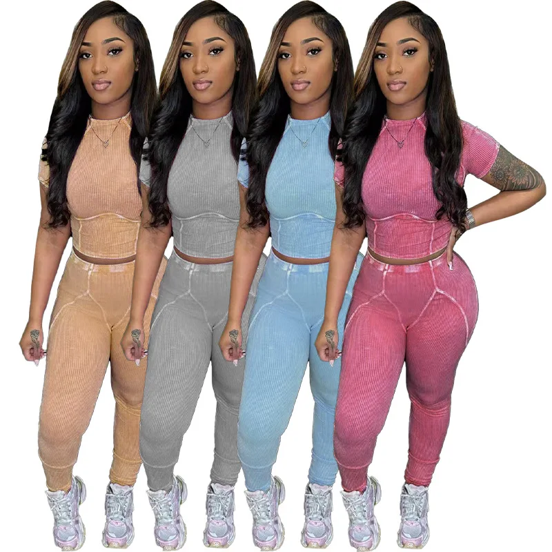 

Women Ribbed Sets Summer Fall Pit Strip Solid Color Fit Women Pants Sets Sports Bodycon Leggings Jogging Wear Two Piece Set