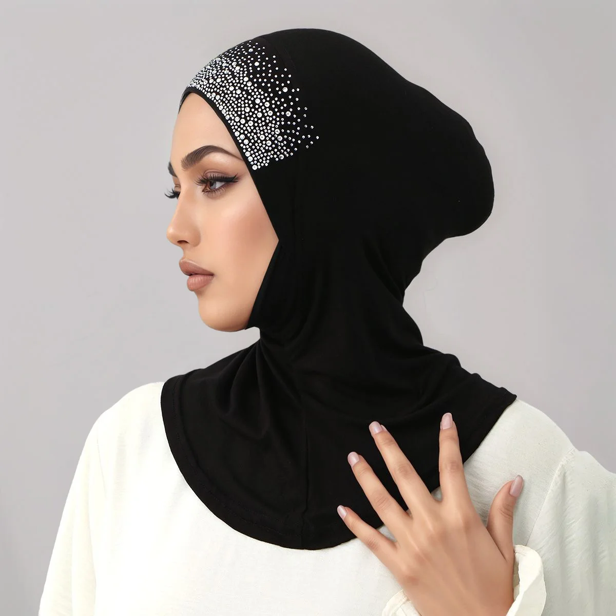 New Full Coverage Undercap Shiny Rhinestone Instant Hijab for Muslim Women Soild Cotton Jersey Bonnet Neck Cover Hijab Inner Cap