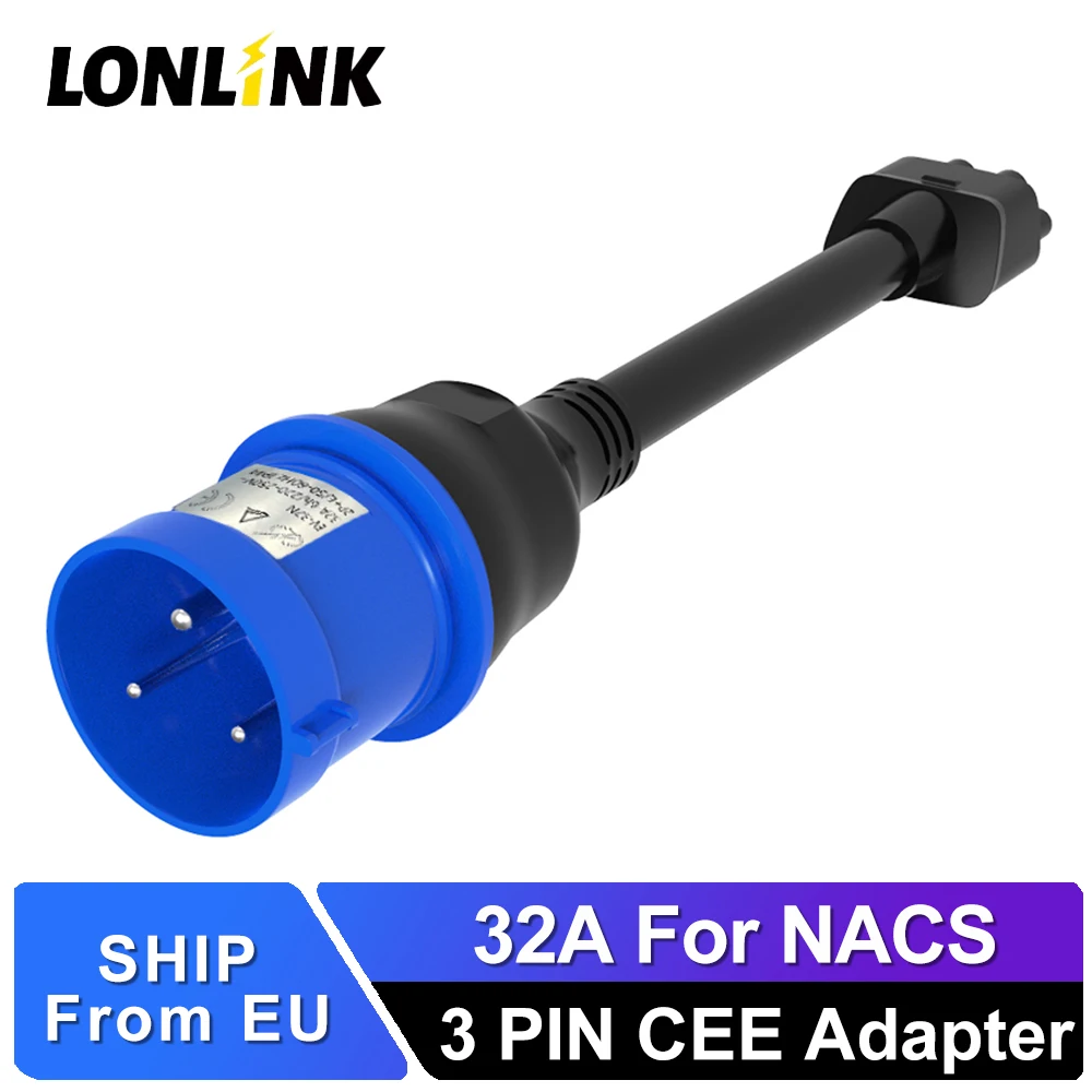 LONLINK For Tesla 3 pin Blue CEE Adapter Tesla Model S,3,X,Y Gen 2 Ev Charger Extension Cord Connector 240V Outlet at 32A 10 in