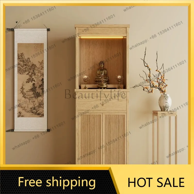 YJ New Chinese Solid Wood Standing Shrine Cabinet Log Color Home Altar Table With Door For Guan Yu Worship Cabinet