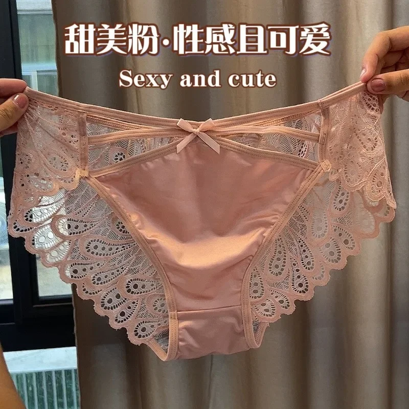 Plus-size panties for women Cute Sex appeal Lace Silk face sweet Bow Hollow out Girls' briefs sexy panties underwear women