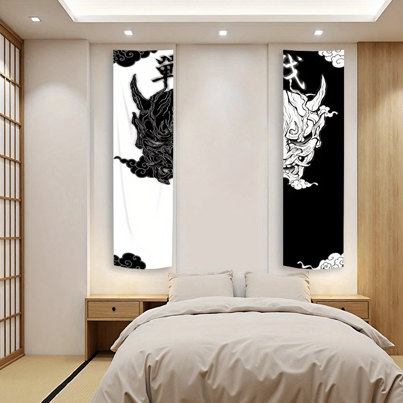 Black White Japanese Oni Hannya Mask Vertical Wall Tapestry Cloud Ornament Long Wall Hanging Decorative Banner for Bedroom Dorm