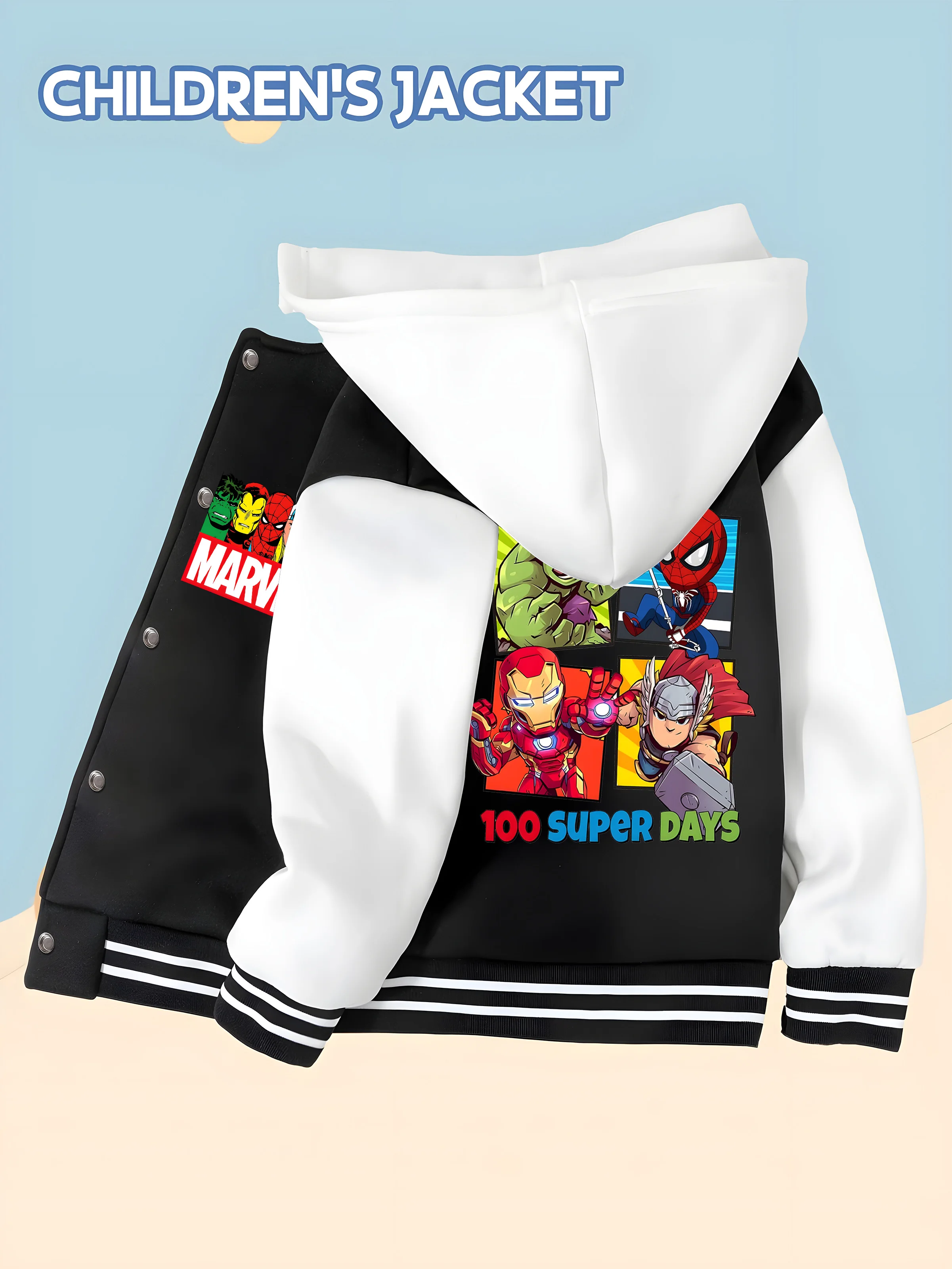 

MINISO Baseball hooded Jacket - Avengers Heroes Four-Pattern Print, Double-Sided Pattern Design, Soft and Comfortable Fabric, Fa