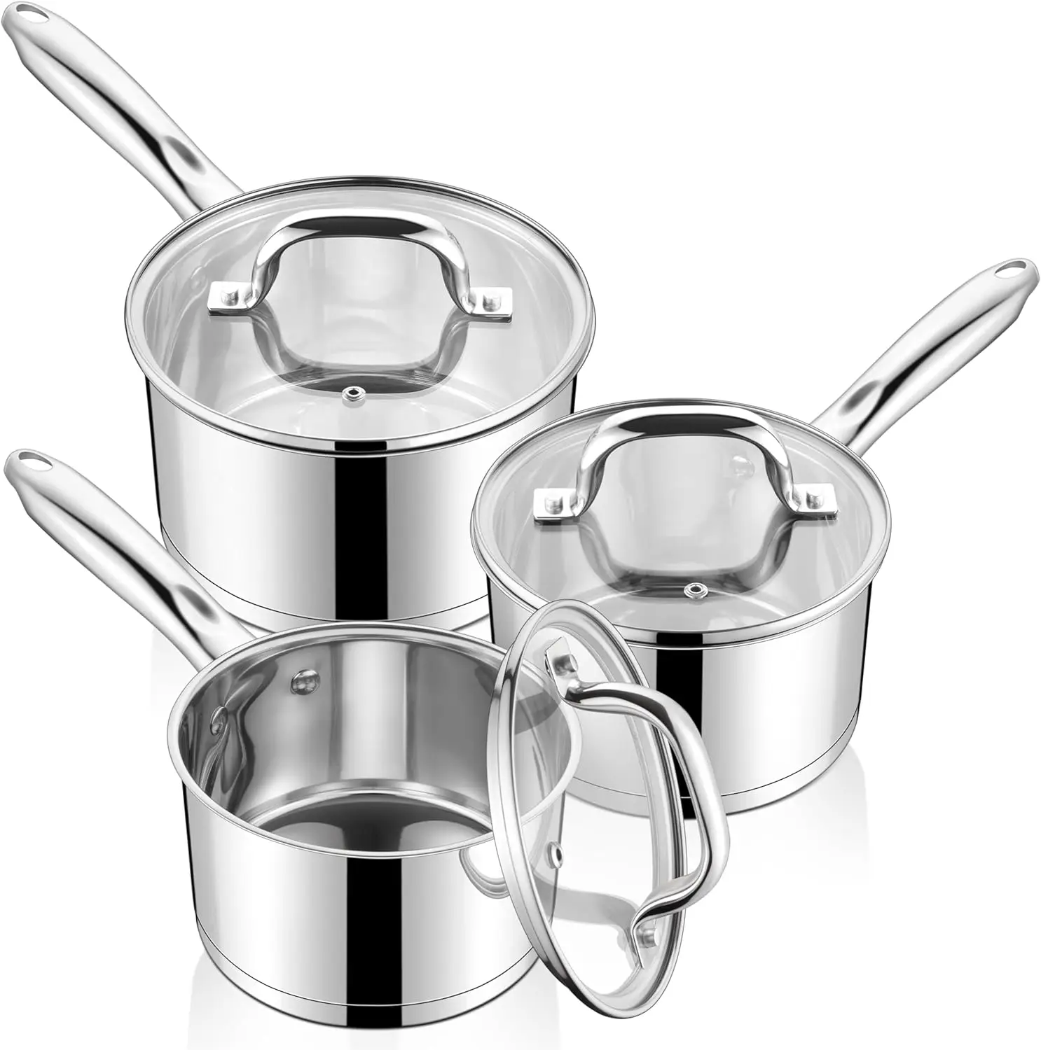 

Stainless Steel Saucepan with Glass Lid, 1QT/2QT/3QT Sets, Induction Compatible Multi-Purpose Cooking Pots for Kitchen