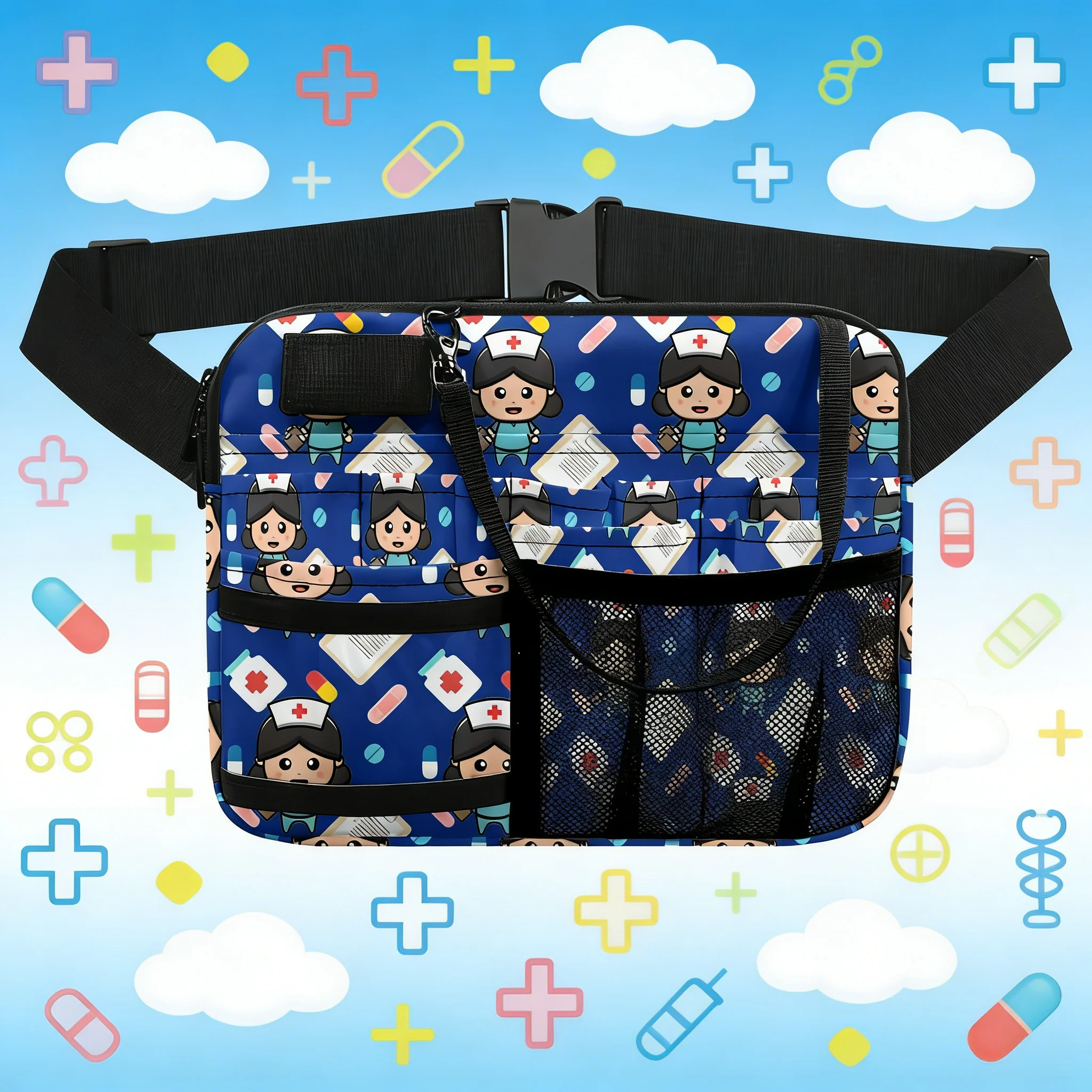 Panda Doctor Fanny Pack, Large Capacity Organizer with Mesh Pockets, Comfortable Adjustable Belt