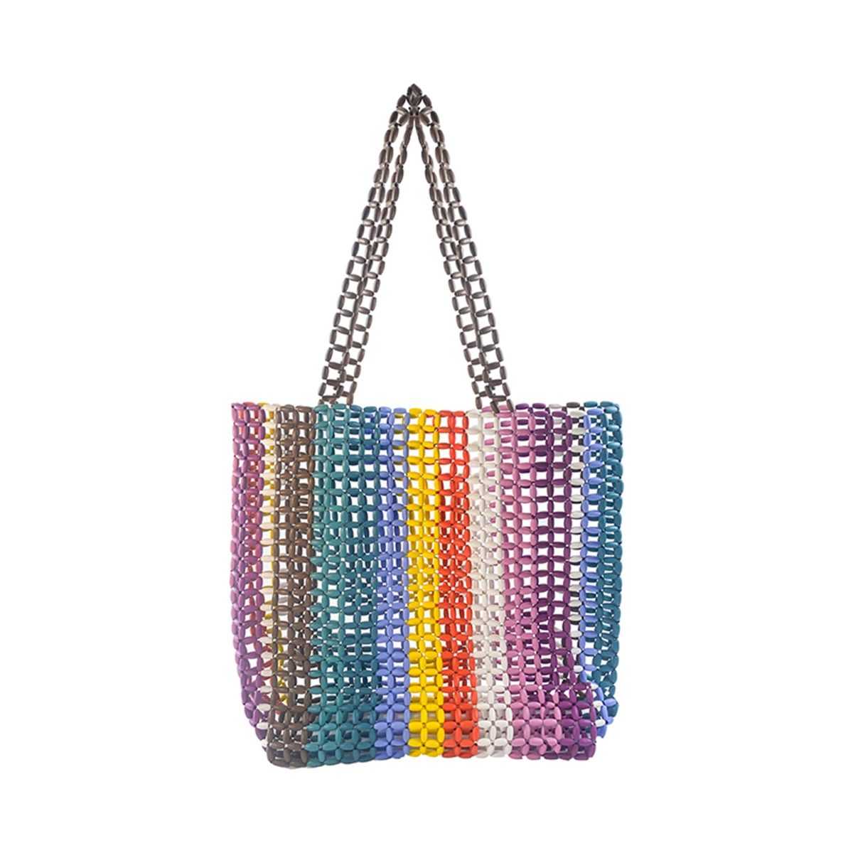 

New Colorful Rainbow Wood Bead Handmade Bead Weaving Large Capacity Tote Bag Single Shoulder Underarm Bag