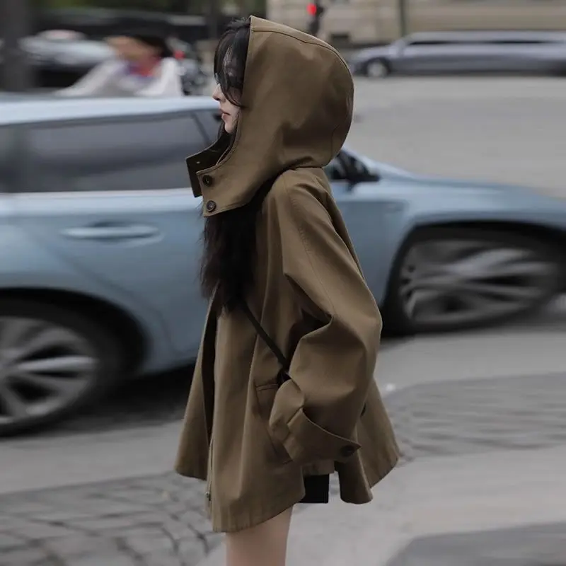 Korea Autumn New Female A-Shaped Loose Hooded Cloak Windbreaker Niche Fashion Wear Long-Sleeved Coat