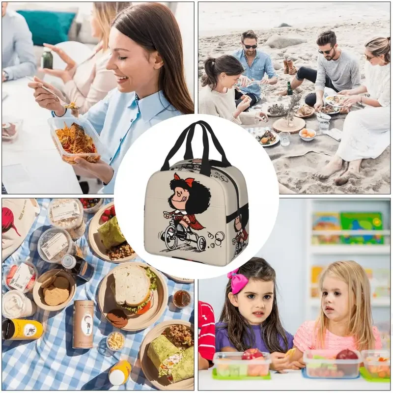 Mafalda Insulated Lunch Bags for Women Argentine Cartoon Quino Comic Portable Cooler Thermal Food Lunch Box Kids School Children