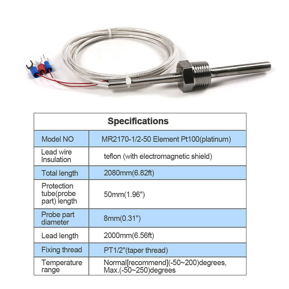 Pt100 Ohm Probe Sensor L 50mm PT NPT 1/2\'\'  Thread W/ Insulation Wire Stainless Steel Probe Temperature Sensor Industrial