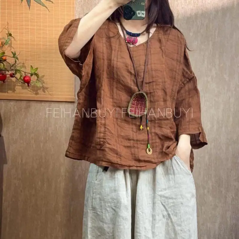 

New 2026 Summer Arts Style Women O-neck Loose Half Sleeve Tee Shirt Cotton Linen Plaid Casual Tshirt Femme Tops Good Quality F79