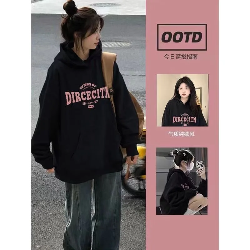 

Zipup Hoodies Hooded Women Thin O-Neck Front Back Gothic Letters Goth Up Breathable Thicken Sport Commuting Thickened Loose-Fit