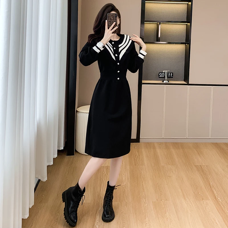 

Women Cotton Stripe Dresses Female Doll Collar Long Sleeve Large Size 3XL Elegant Autumn ​Winter Black Knee Length Slim Vestidos