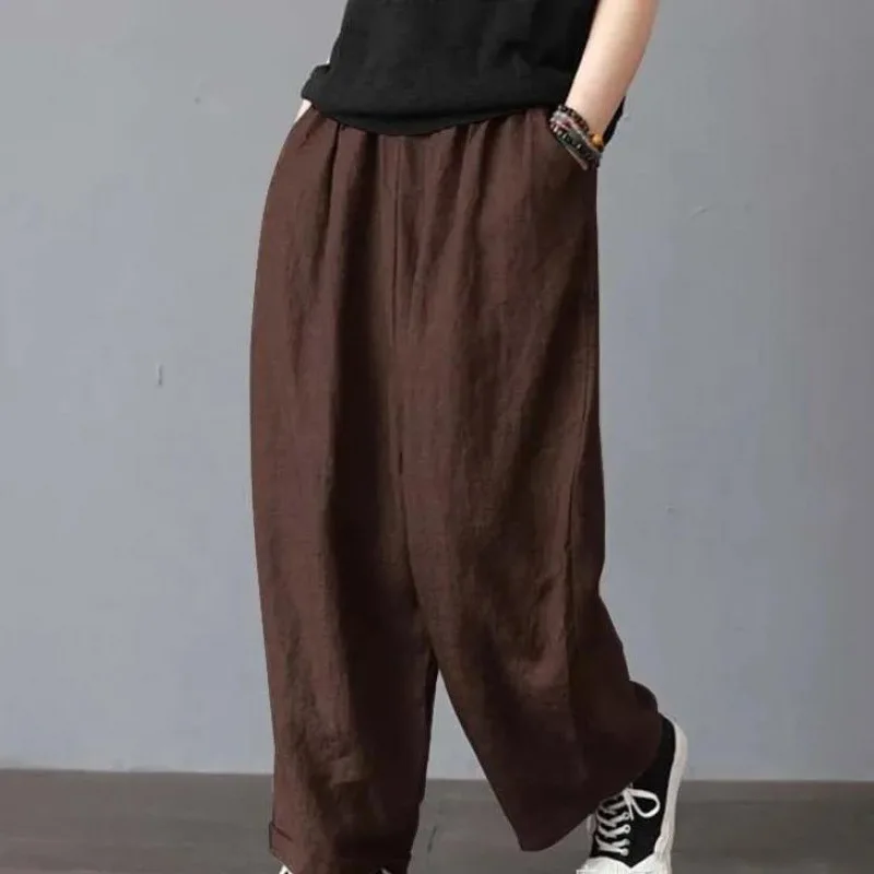 Spring summer autumn Dad men cotton hemp casual pants retro Zen cotton literary style wide leg pants big size