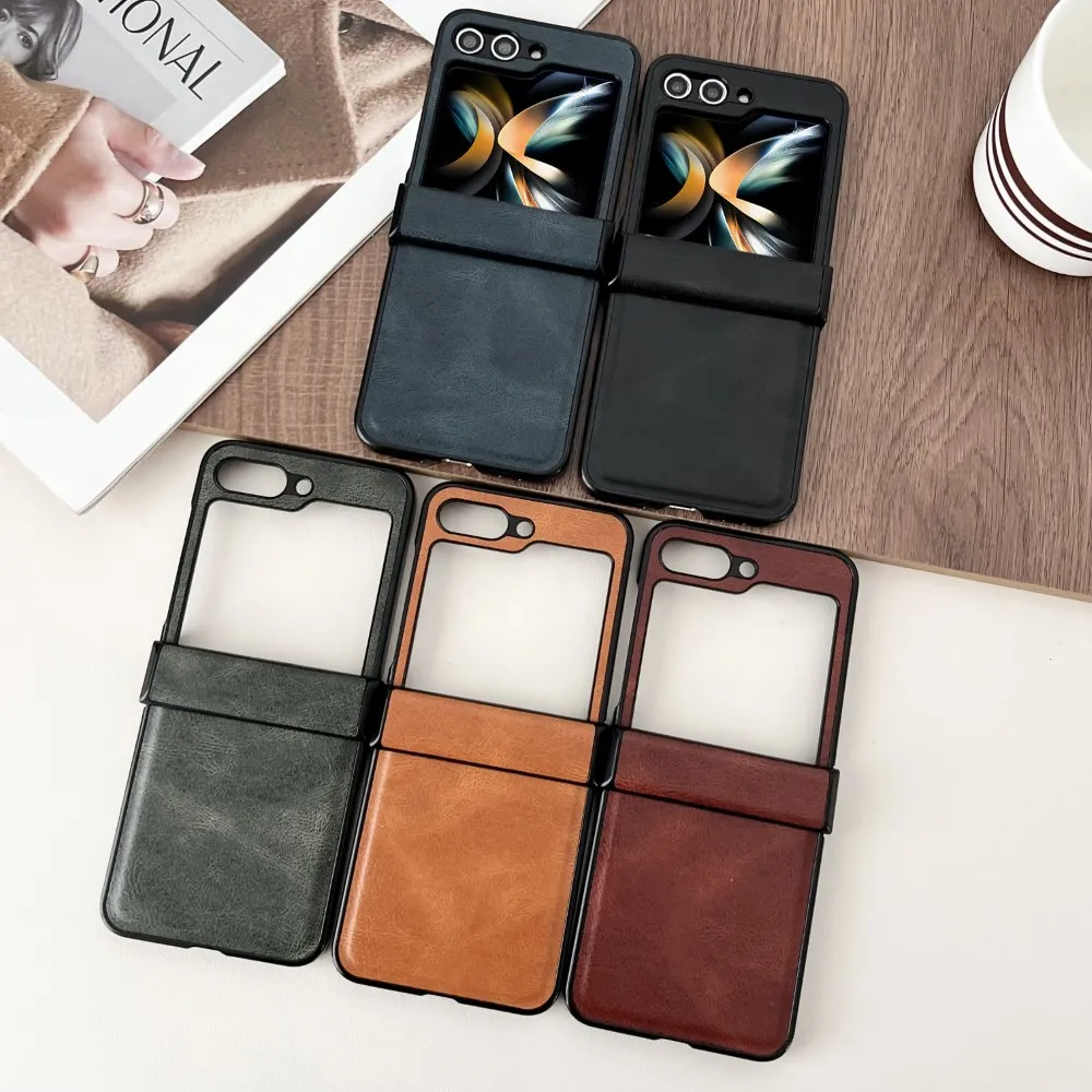 For Samsung Galaxy Z Flip 6 5 4 3 Case Luxury Faux Leather Hinge All-inclusive Folding Shockproof Protective Hard Back Cover