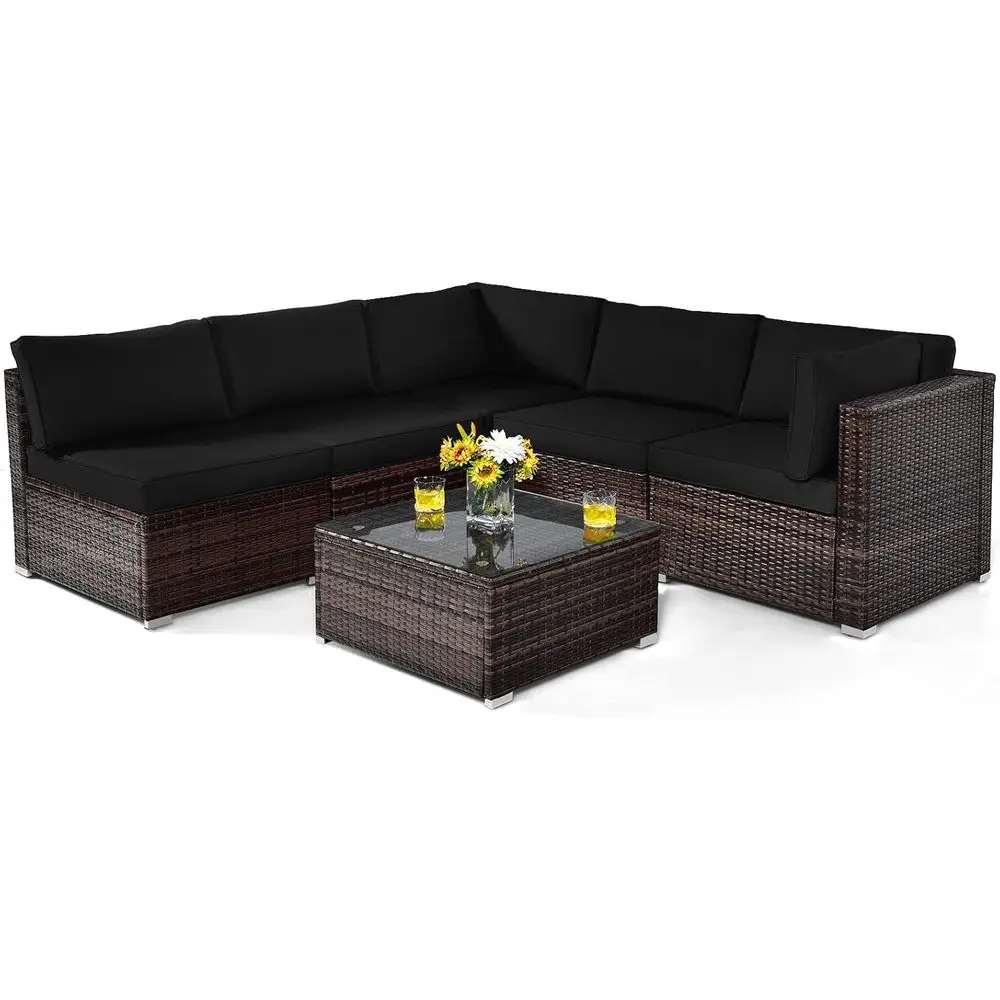 

Черный секционный диван из ротанга для патио из 6 предметов со столом из закаленного стекла и подушками для сада, террасы, заднего двора