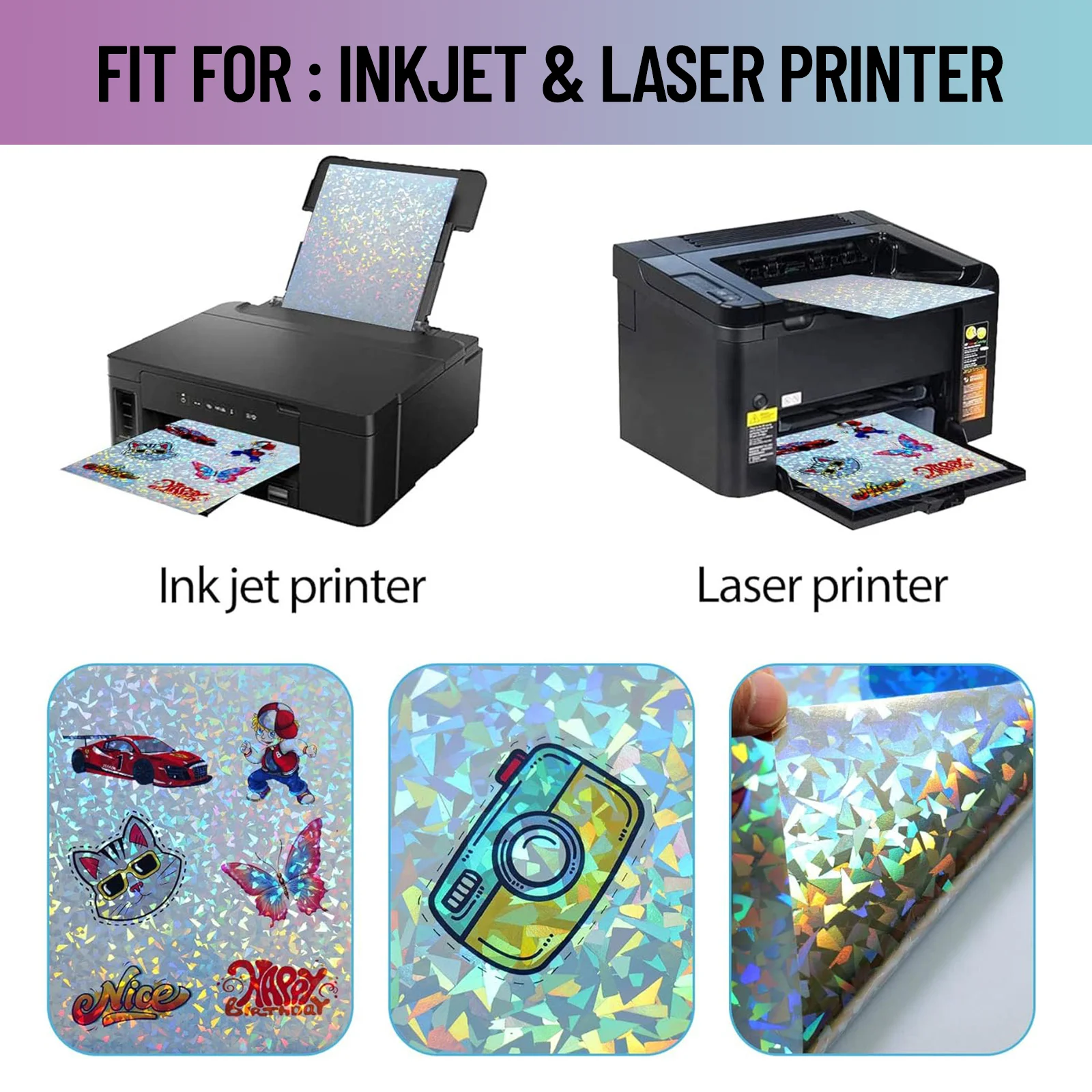 20 Sheets A4 Diamond Vinyl Sticker Paper Waterproof Inkjet & Laser Printable Adhesive Paper Broken Glass for Crafting Lable