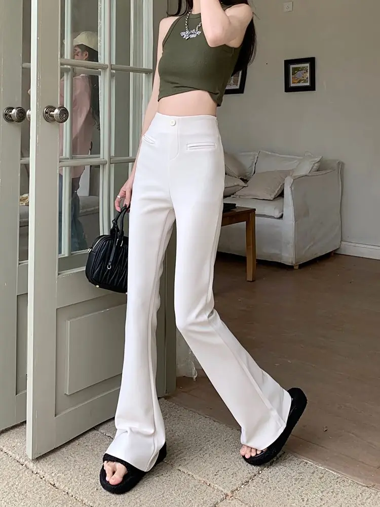 エレガントな白いフレアパンツ女性用蝶結びカジュアルパンツ韓国スタイル秋冬ハイウエスト TT1065