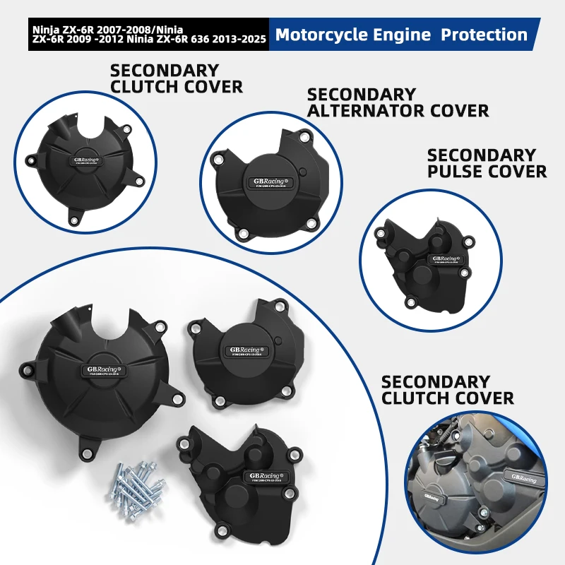 Acessórios para motocicletas: Kit Protetor de Motor para Ninja ZX-6R (2007-2025) - Combo de Tampa do Motor e Tampa do Sensor de Pulso