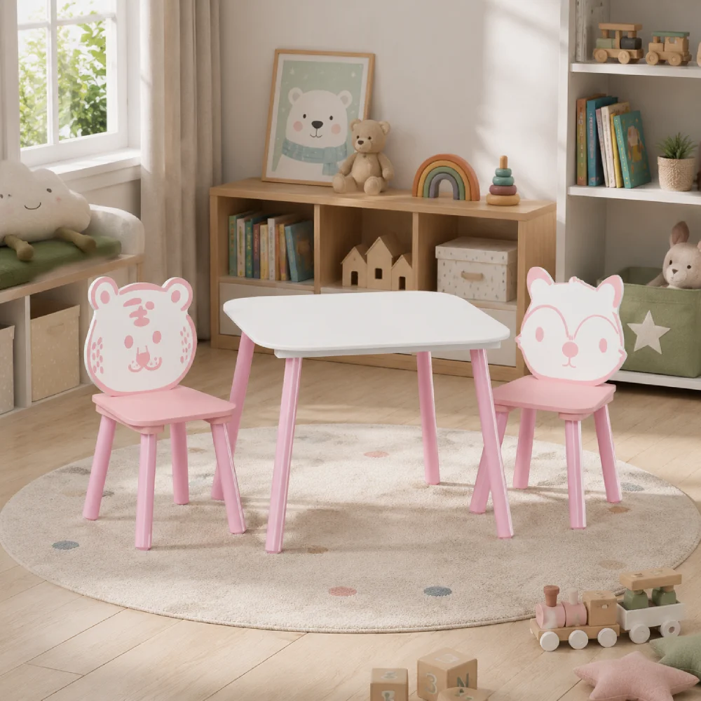 Orraves Kids Table and Chair Set, 3-Piece Wooden Toddler Desk with Animal Backrest, Activity Table for Drawing, Learning,Playroom or Nursery(Pink&White)