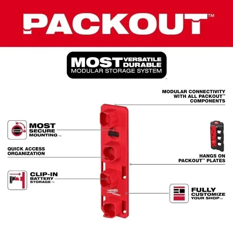 Milwaukee Tool 48-22-8338 PACKOUT M12 Battery Rack Clamp Type Battery Storage Function Store Up To Four M12™ Batteries