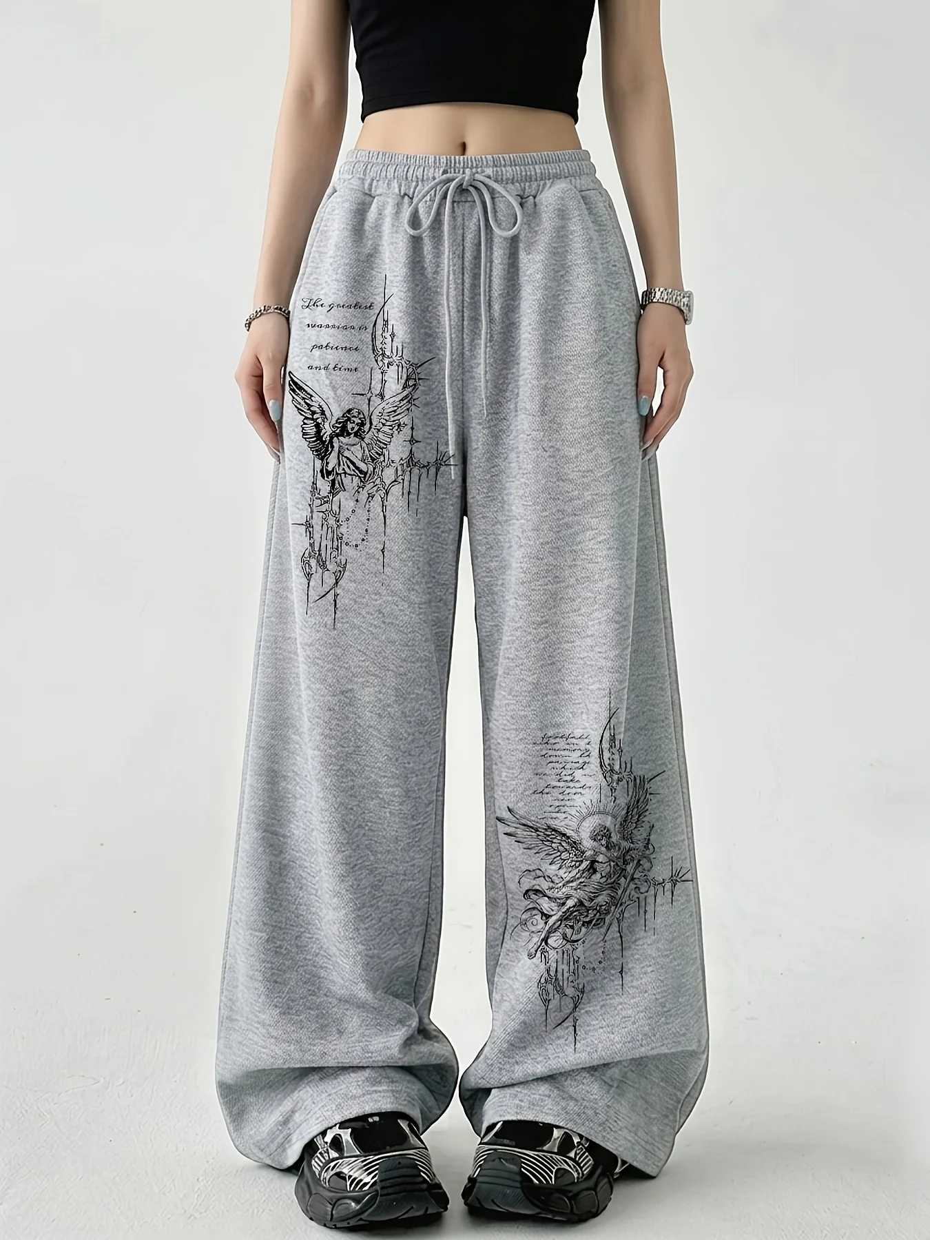 Women's Angel Figure Print Fleece Sweatpants for Autumn and Winter Warm Casual Loose Stylish and Versatile Streetwear Trendy