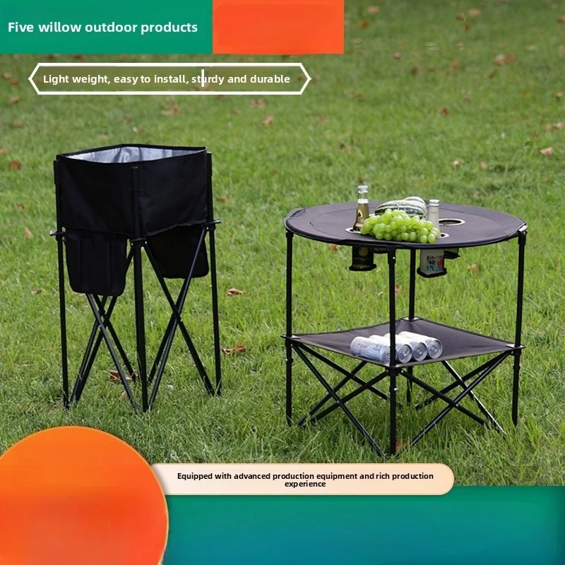 

Outdoor camping round folding table and folding storage rack set