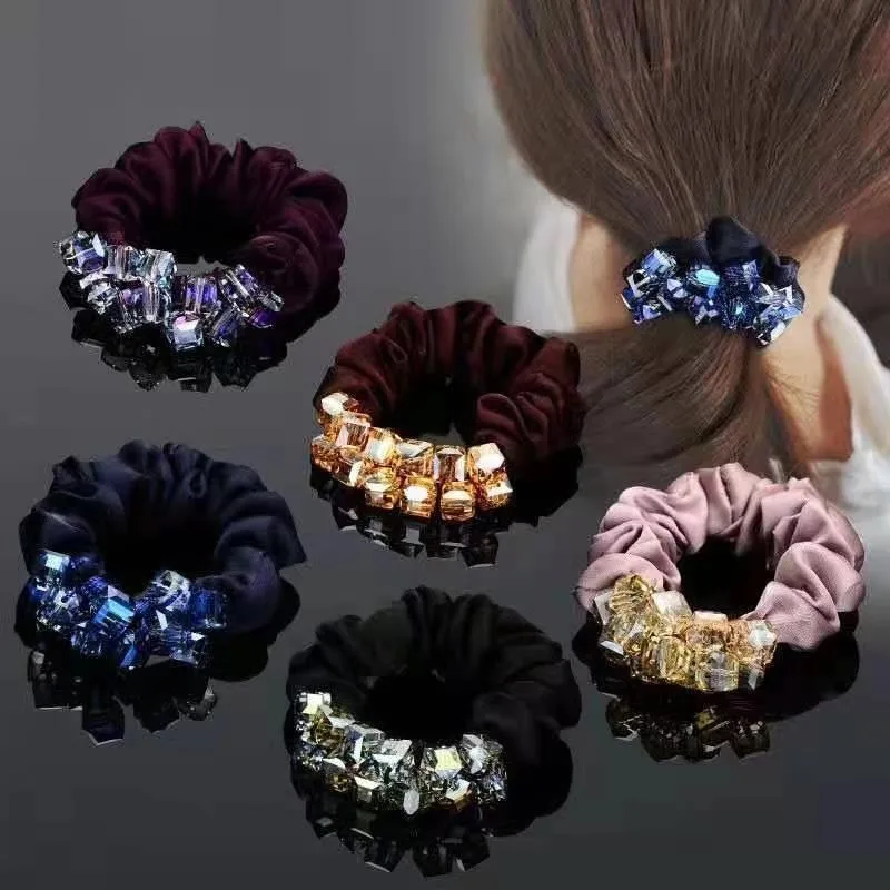 Elegant Crystal Floral Fabric Scrunchies Women Girls Elastic Hair Rubber Bands Accessories Tie Hair Ring Rope Headwear Headdress