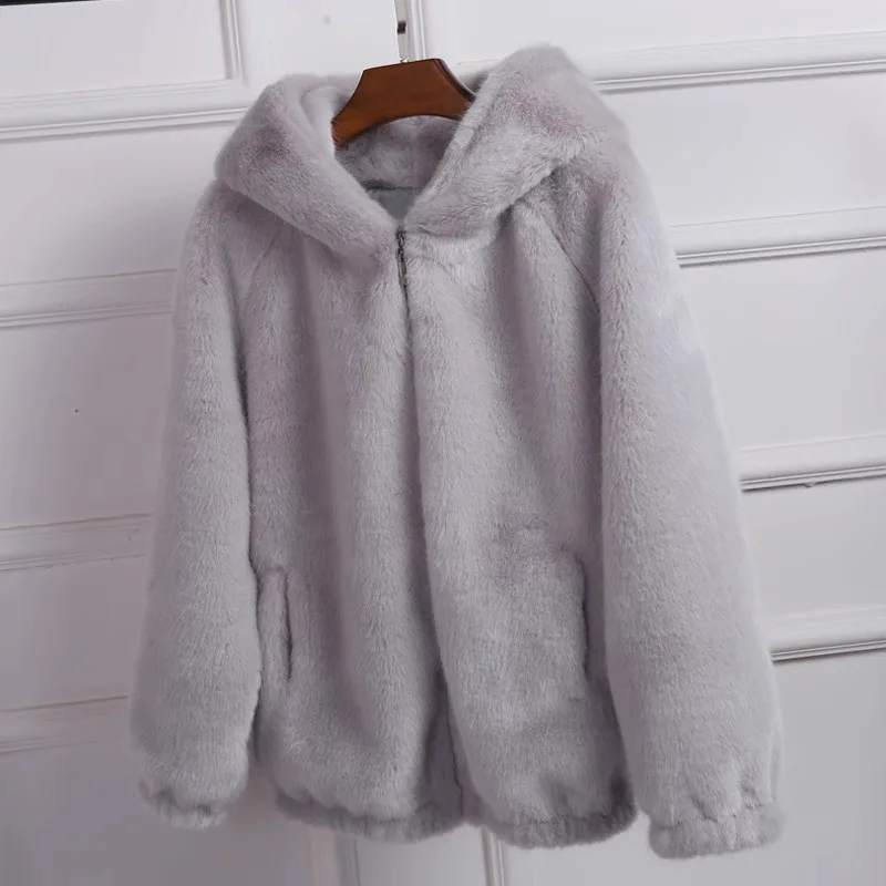 Autumn and Winter Furry Hooded Jacket Women's Short Thickened Imitation Lamb Wool Warm Loose Sweater