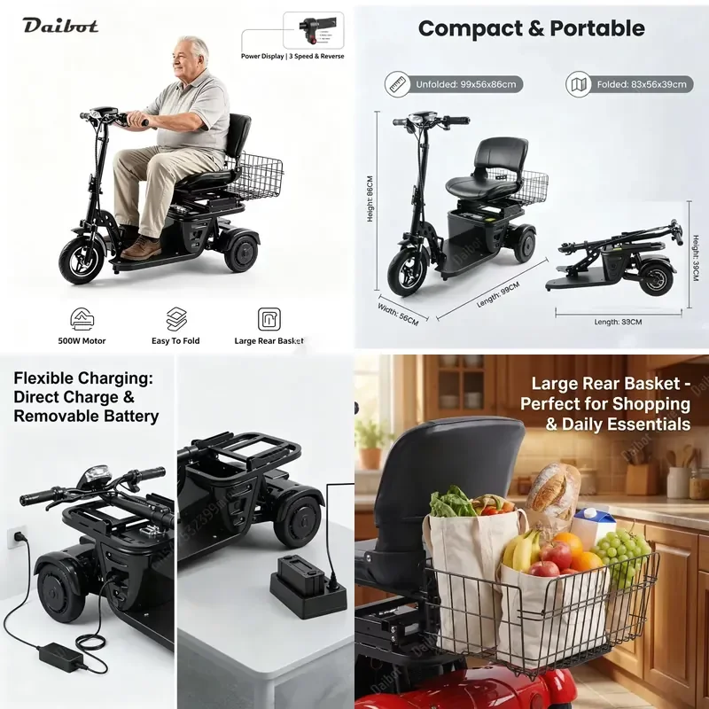 STROVAN Lightweight Foldable 3 Wheel Electric Tricycle Long Range Mobility Scooter for Seniors Adults Outdoor Travel EU