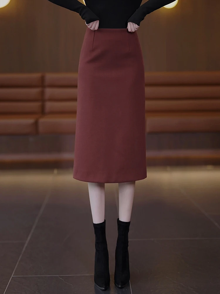 

Ankela Red Woolen Midi Skirt Women's Autumn Winter New High Waist Slit Bodycon Skirt Korean Style Commute Fashion