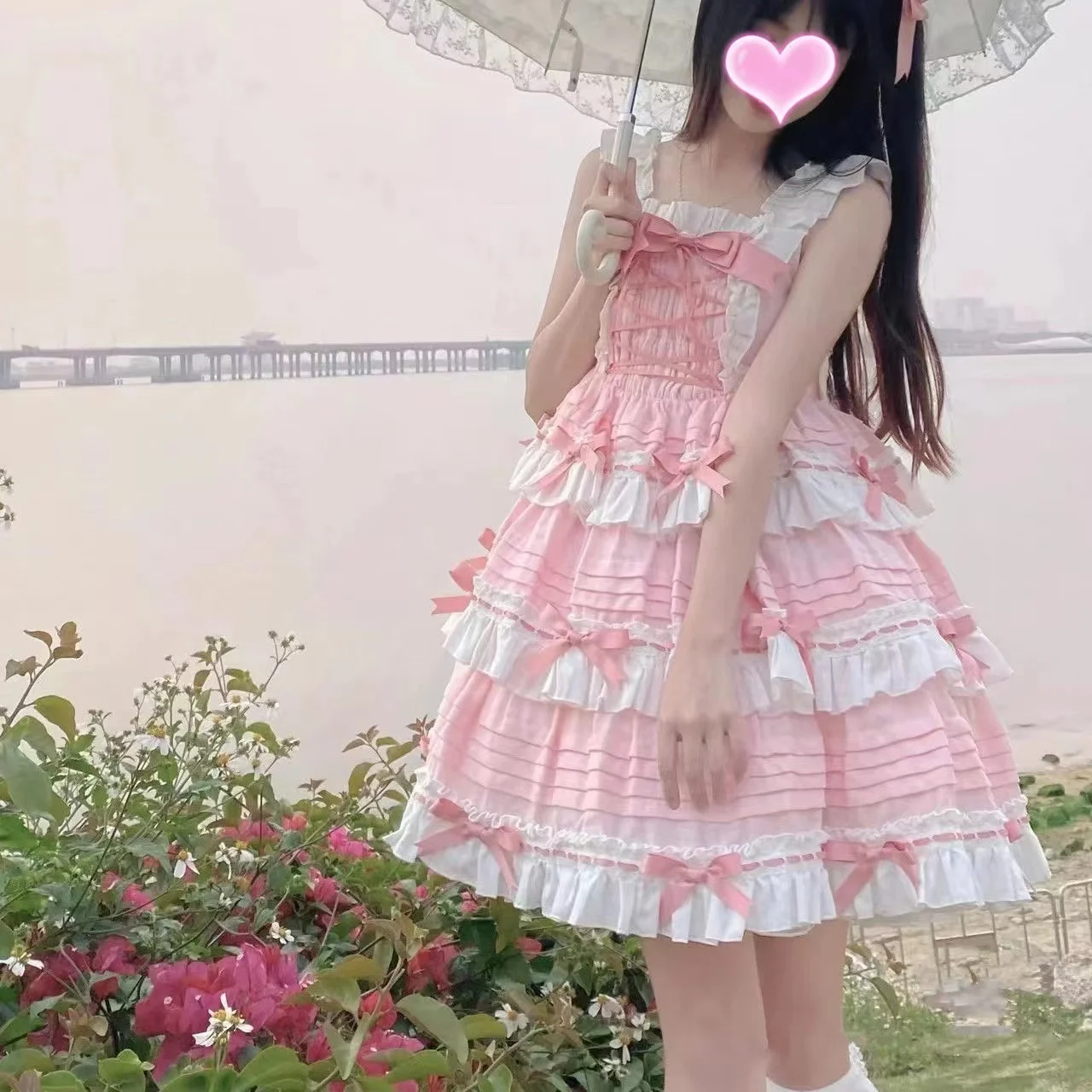 New Lolita original cute color contrast bow jsk dress