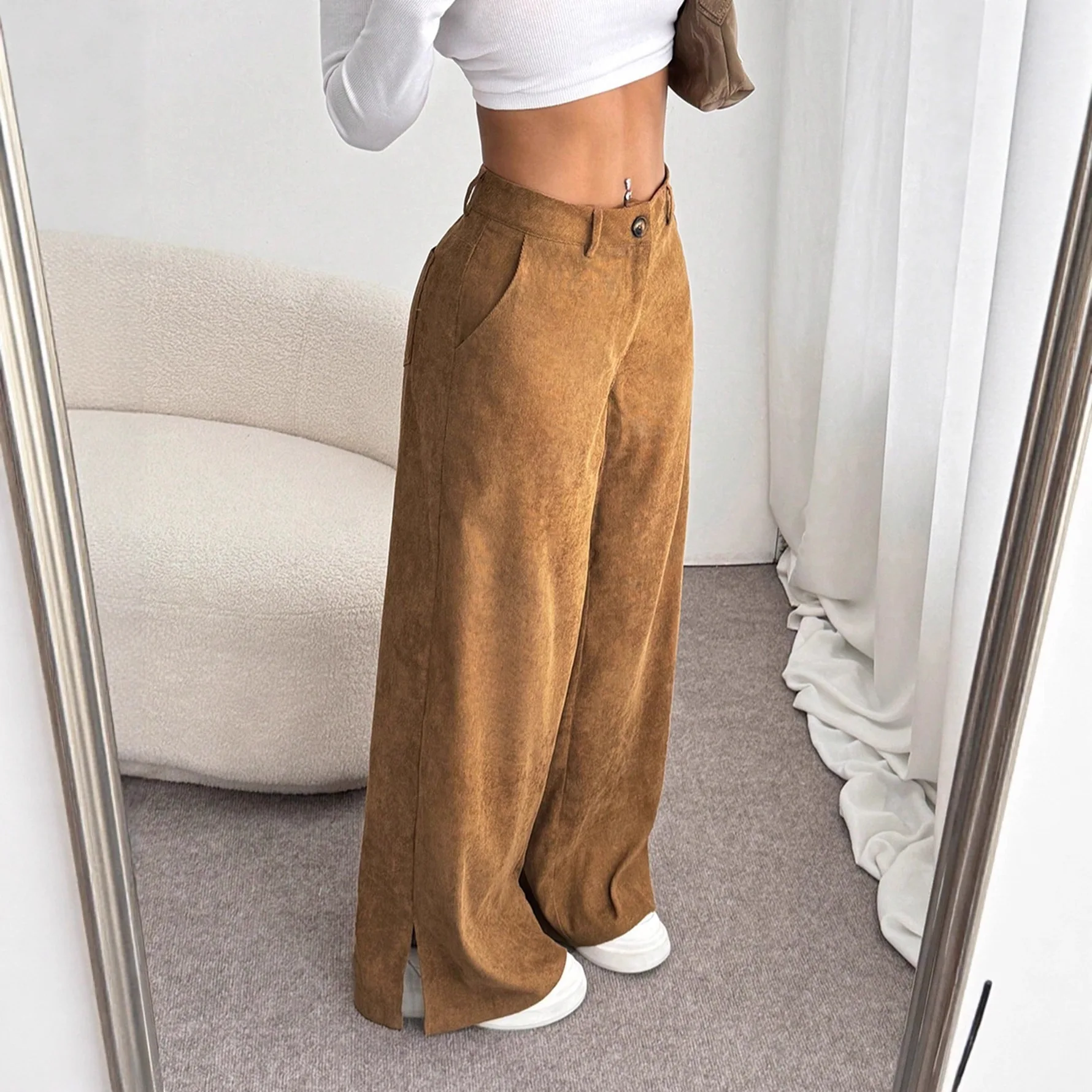 Cross-Border Women's Fashion Retro Corduroy Straight Leg Wide Leg Pants Low Waist Pocket Detail Iron-Free Summer Collection