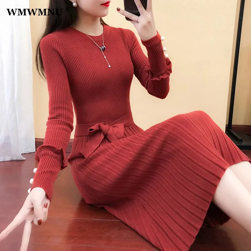 Korean Slim Knitted Sweater Dress O-neck Women Elegant Lace-up Midi Dresses Pleated Autumn Winter Stretch Casual Vestidos