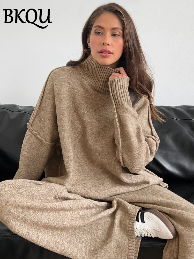 BKQU Knitted 2 Piece Sets Women Turtleneck Sweater and Wide Leg Pants Outfits Autumn Winter Casual Office Ladies Homewear 2024