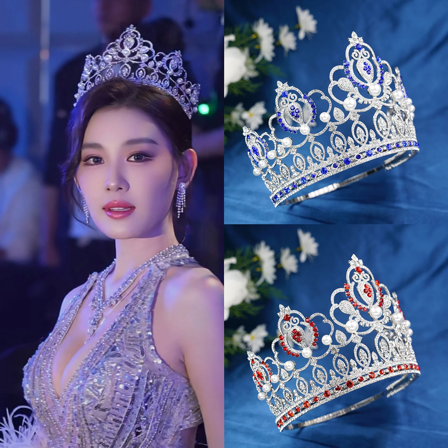 Vintage Full White Crystal Rhinestone Crown Elegant Pageant Queen Tiara Bridal Wedding Evening Gala Beauty Competition Headpiece